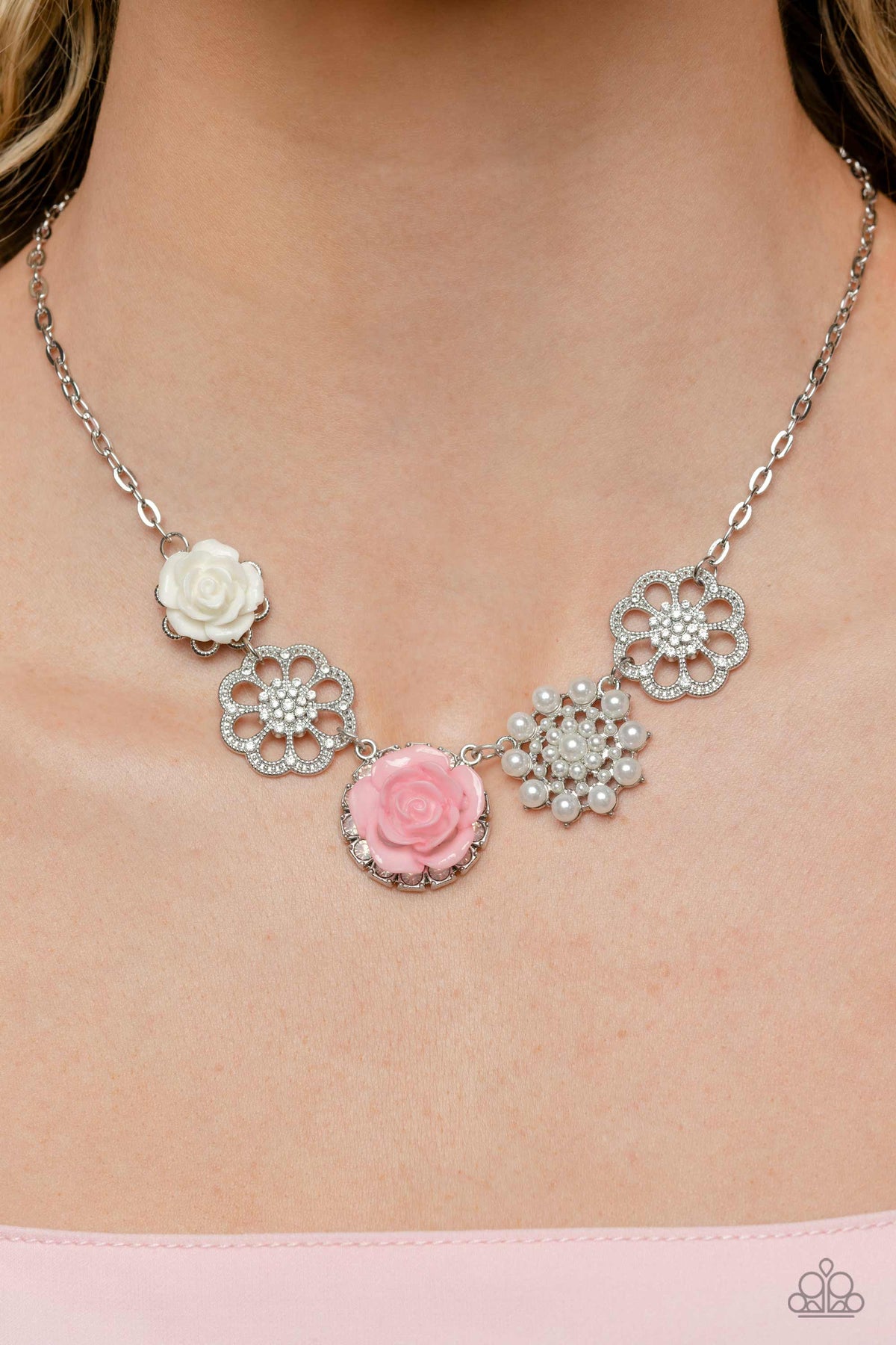 Tea Party Favors Pink Floral Necklace - Paparazzi Accessories- on model - CarasShop.com - Paparazzi Jewelry by Cara Jewels
