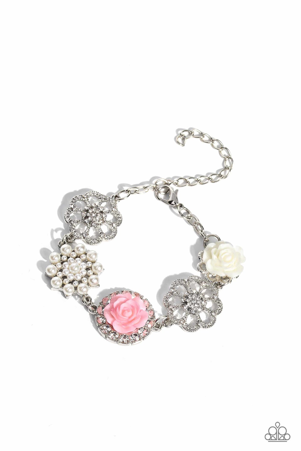 Tea Party Theme Pink Floral Bracelet - Paparazzi Accessories- lightbox - CarasShop.com - Paparazzi Jewelry by Cara Jewels