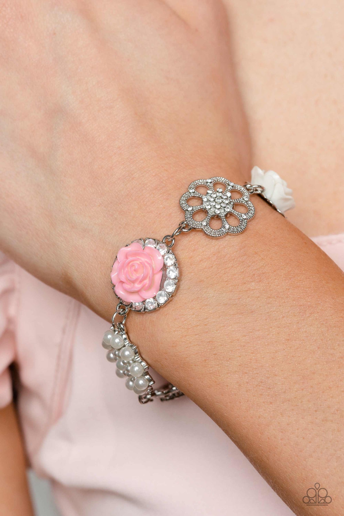 Tea Party Theme Pink Floral Bracelet - Paparazzi Accessories- on model - CarasShop.com - Paparazzi Jewelry by Cara Jewels