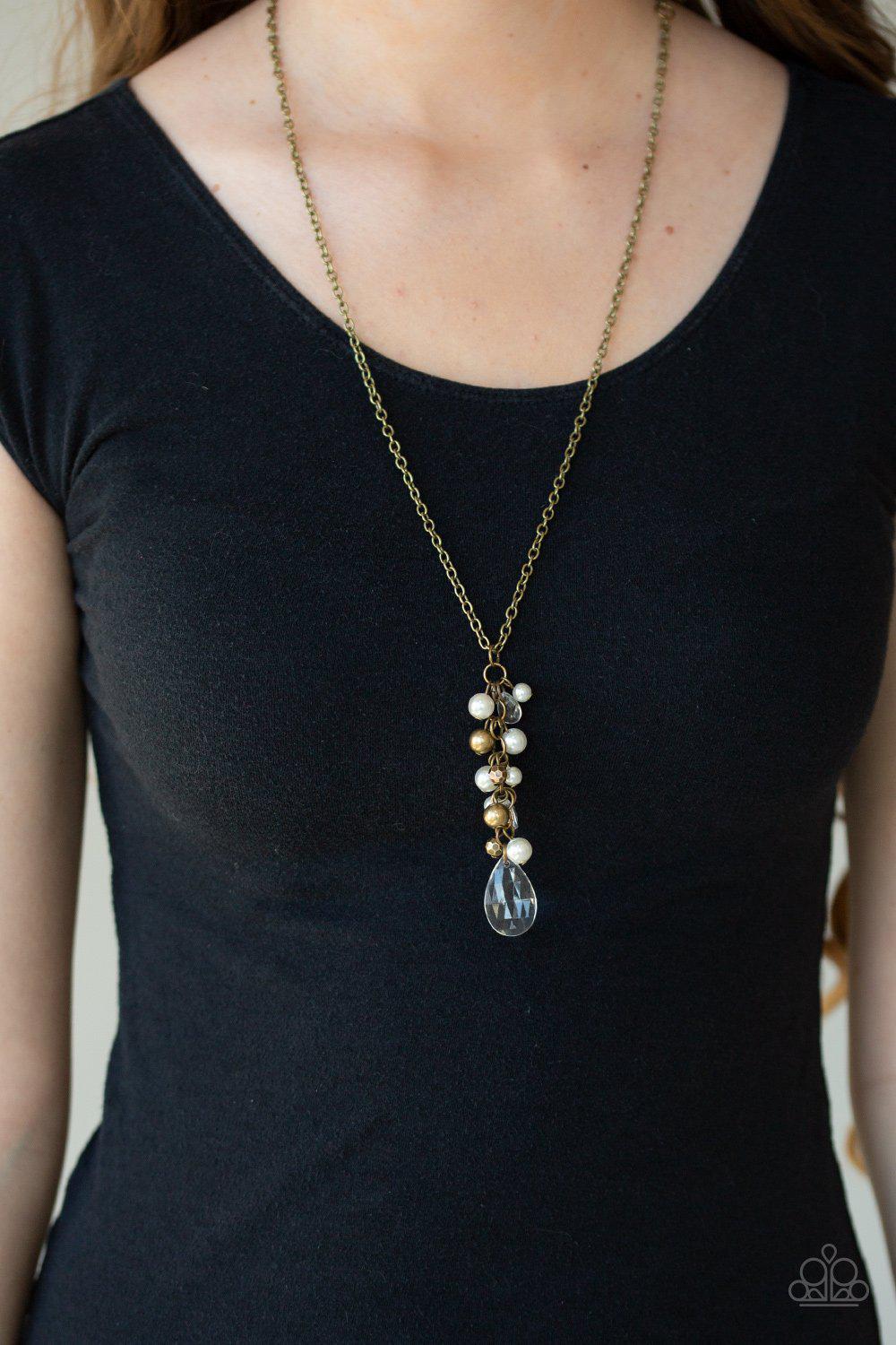 Teardrop Serenity Brass Necklace - Paparazzi Accessories- on model - CarasShop.com - Paparazzi Jewelry by Cara Jewels