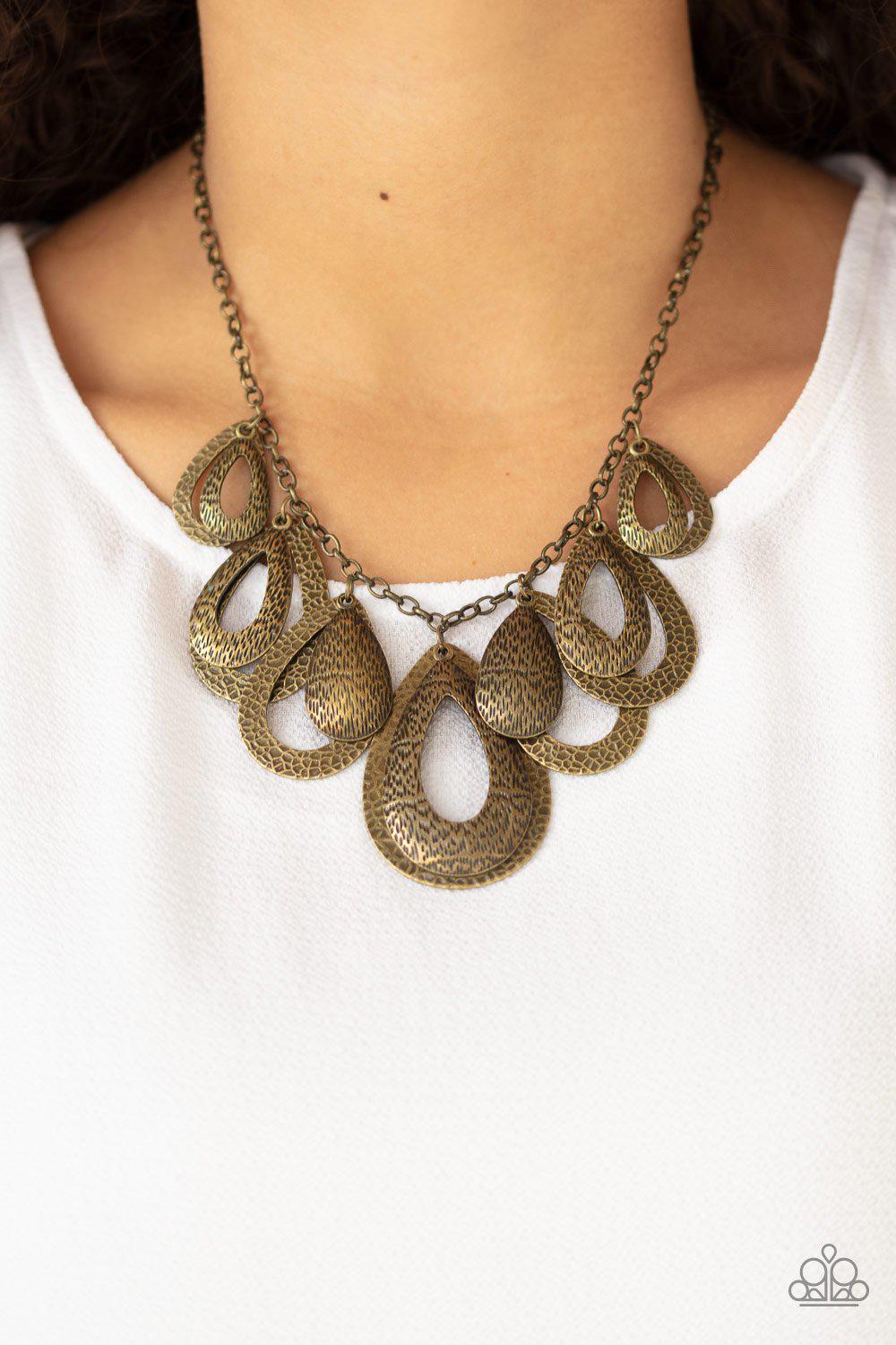 Teardrop Tempest Brass Necklace - Paparazzi Accessories- on model - CarasShop.com - Paparazzi Jewelry by Cara Jewels