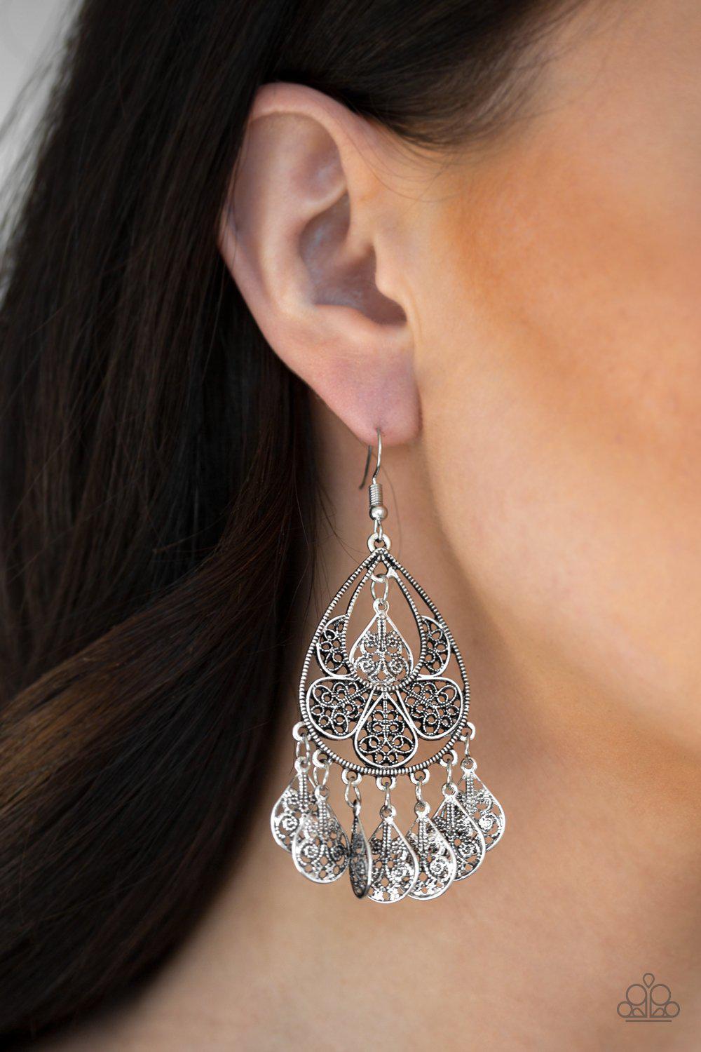 Teardrop Tempo Silver Earrings - Paparazzi Accessories- lightbox - CarasShop.com - Paparazzi Jewelry by Cara Jewels