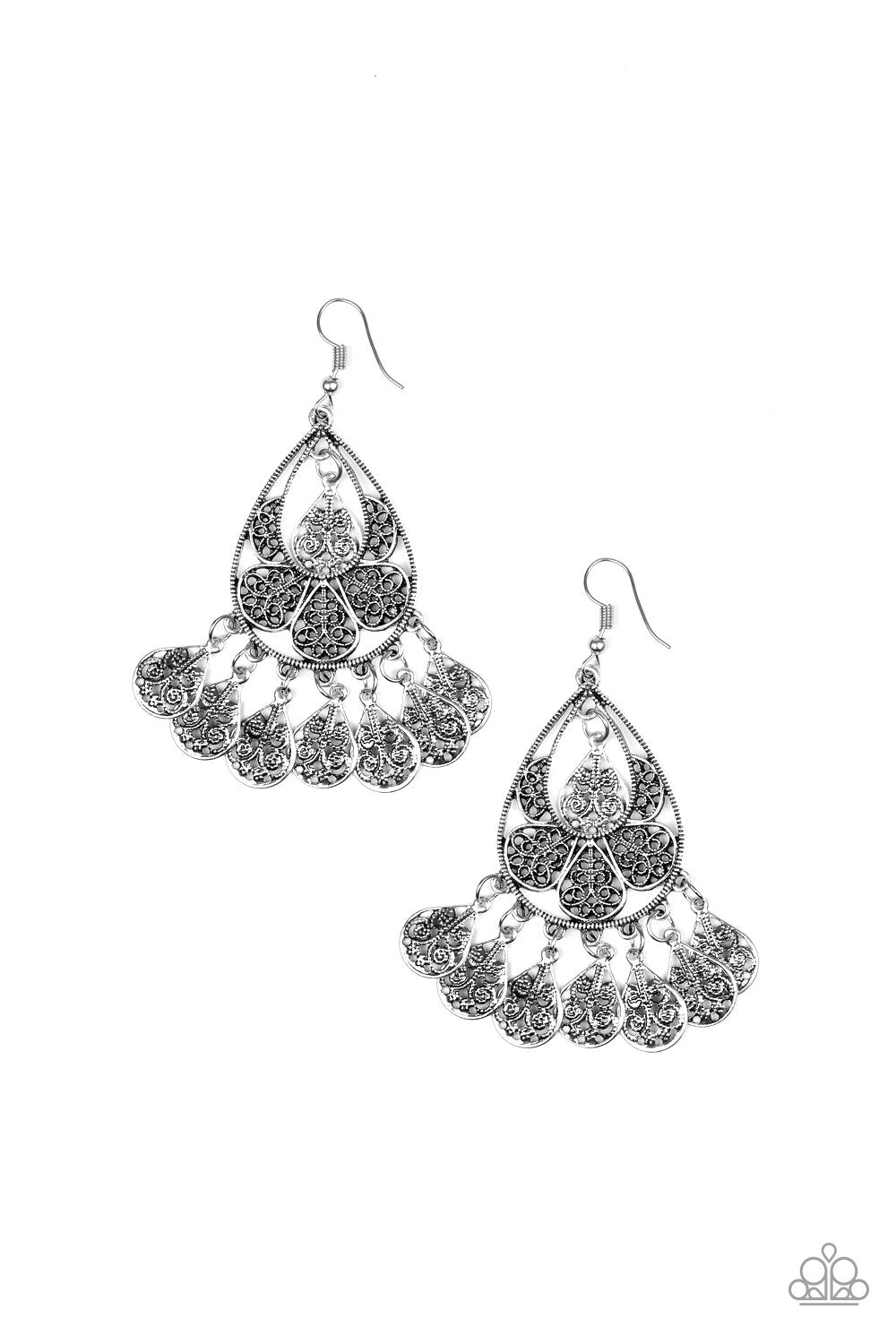 Teardrop Tempo Silver Earrings - Paparazzi Accessories- on model - CarasShop.com - Paparazzi Jewelry by Cara Jewels