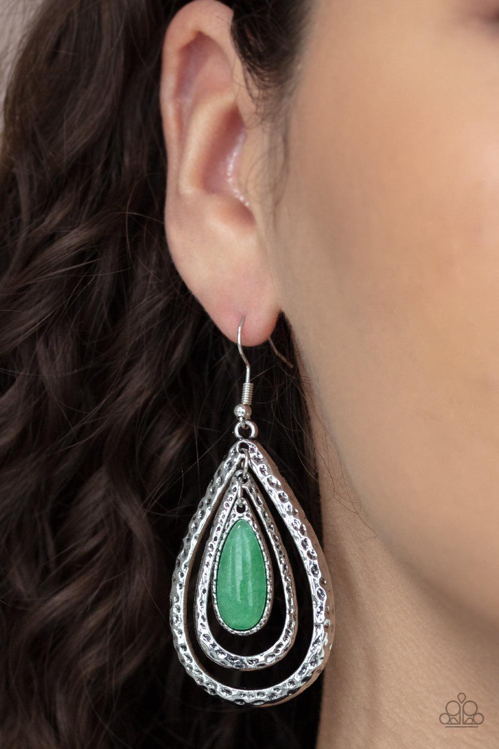 Teardrop Torrent Green Earrings - Paparazzi Accessories- on model - CarasShop.com - Paparazzi Jewelry by Cara Jewels