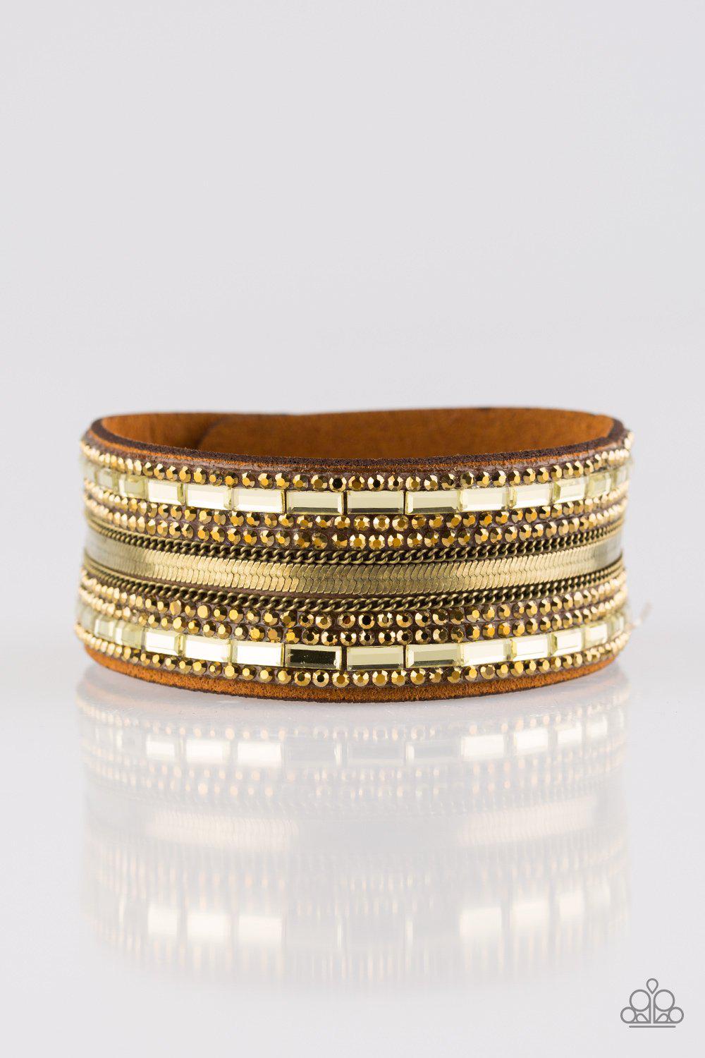 Teasingly Tomboy Brass Urban Wrap Snap Bracelet - Paparazzi Accessories- on model - CarasShop.com - Paparazzi Jewelry by Cara Jewels
