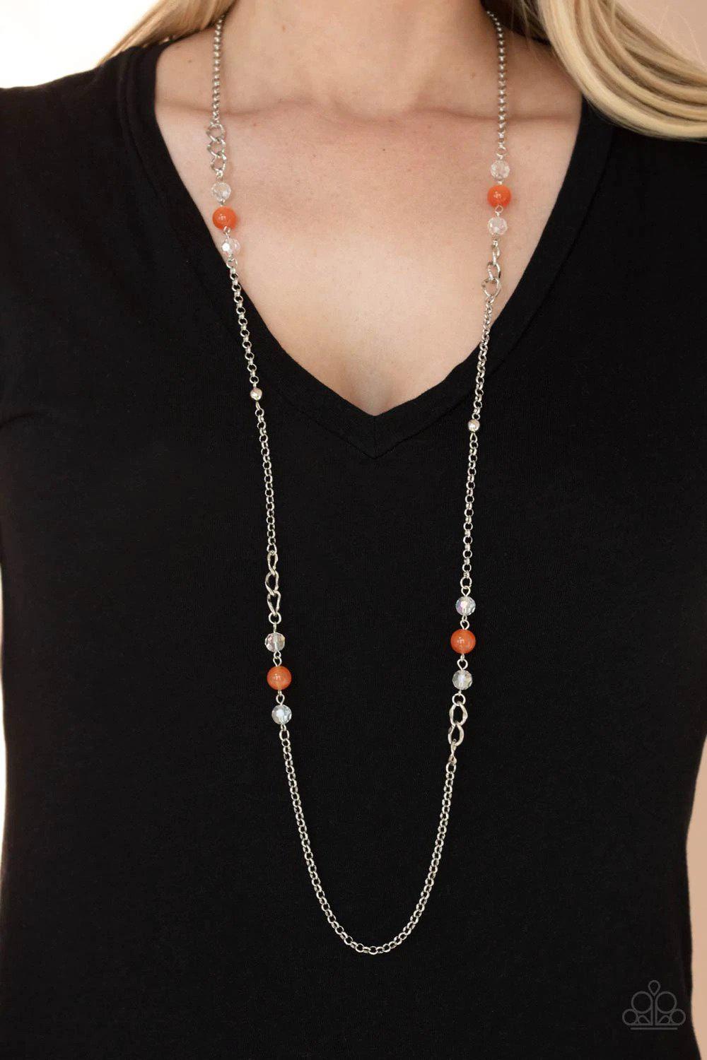 Teasingly Trendy Orange Necklace - Paparazzi Accessories- on model - CarasShop.com - Paparazzi Jewelry by Cara Jewels