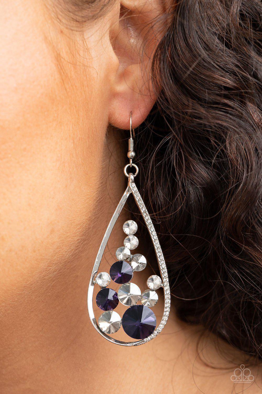 Tempest Twinkle Purple Rhinestone Earrings - Paparazzi Accessories- on model - CarasShop.com - Paparazzi Jewelry by Cara Jewels