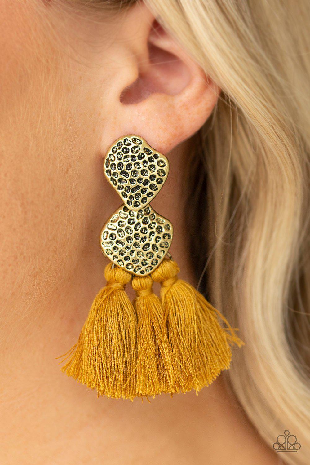 Tenacious Tassel Yellow and Brass Earrings - Paparazzi Accessories- lightbox - CarasShop.com - Paparazzi Jewelry by Cara Jewels