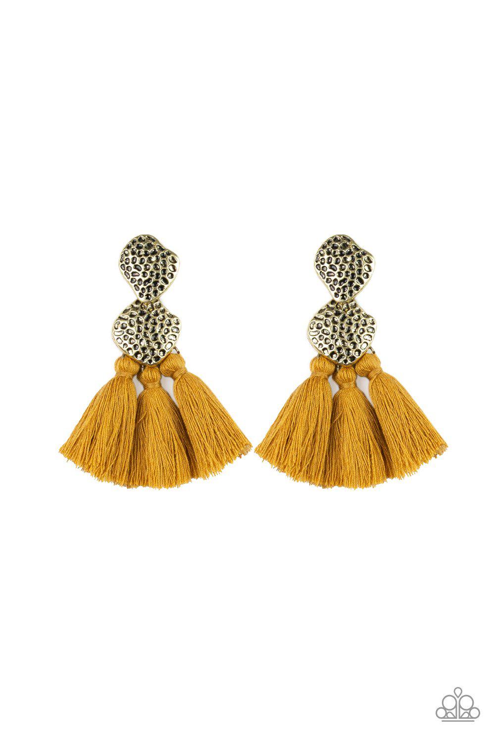 Tenacious Tassel Yellow and Brass Earrings - Paparazzi Accessories- on model - CarasShop.com - Paparazzi Jewelry by Cara Jewels