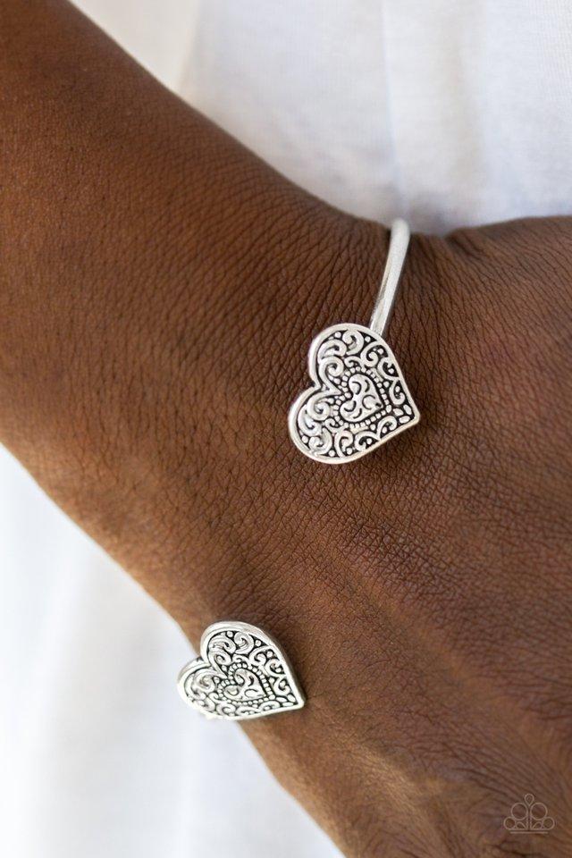 Tenderhearted Silver Heart Cuff Bracelet - Paparazzi Accessories- lightbox - CarasShop.com - Paparazzi Jewelry by Cara Jewels