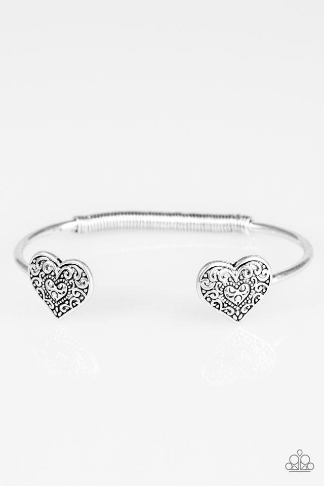 Tenderhearted Silver Heart Cuff Bracelet - Paparazzi Accessories- on model - CarasShop.com - Paparazzi Jewelry by Cara Jewels