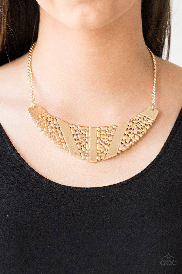Terra Trailbreaker Gold Necklace - Paparazzi Accessories- on model - CarasShop.com - Paparazzi Jewelry by Cara Jewels