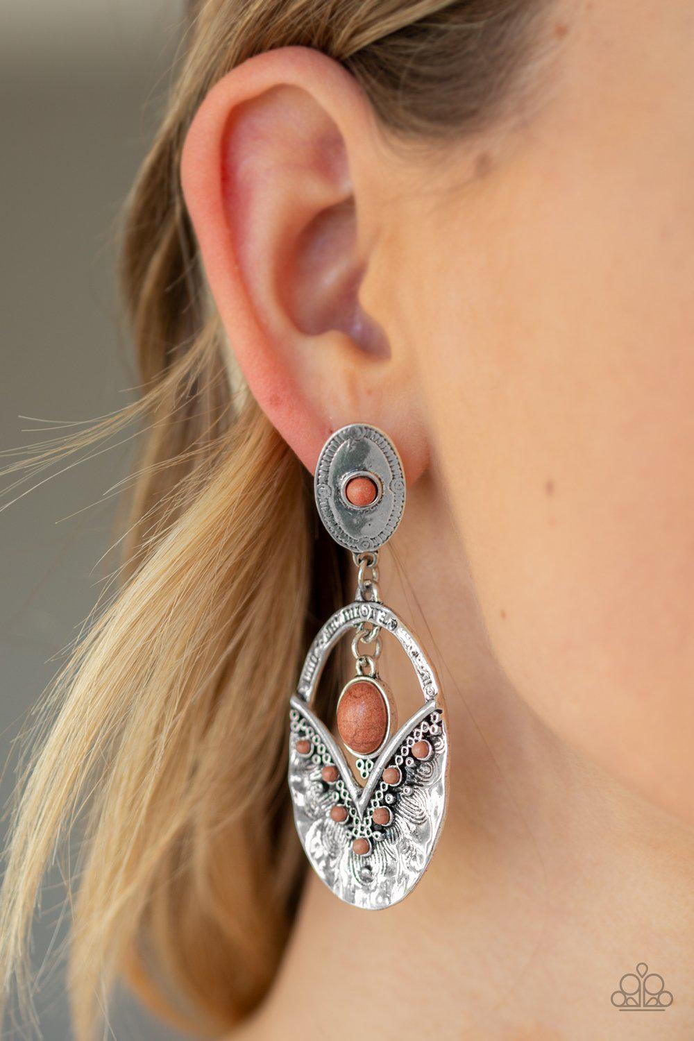 Terra Tribute Brown Stone and Silver Post Earrings - Paparazzi Accessories- lightbox - CarasShop.com - Paparazzi Jewelry by Cara Jewels