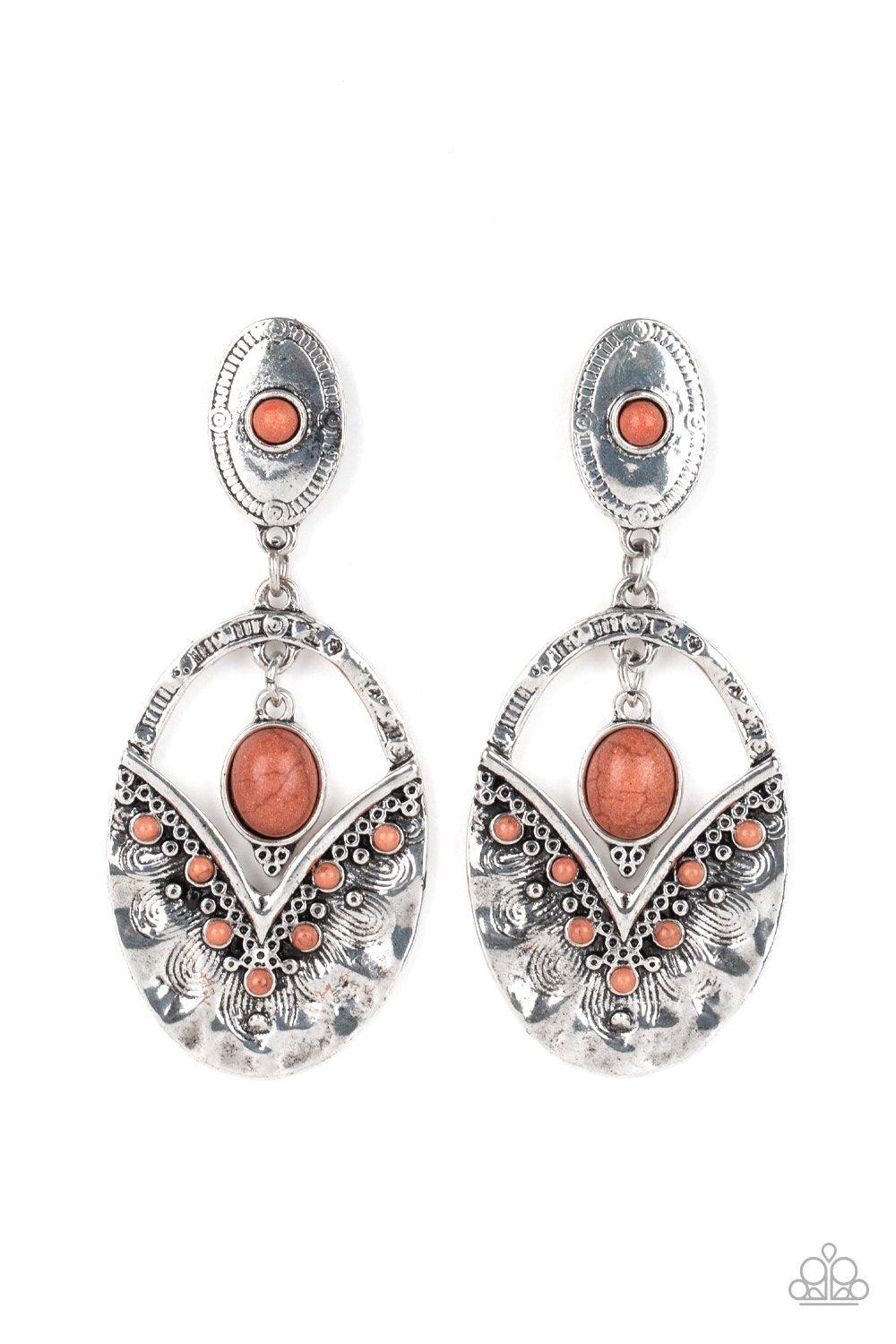 Terra Tribute Brown Stone and Silver Post Earrings - Paparazzi Accessories- on model - CarasShop.com - Paparazzi Jewelry by Cara Jewels