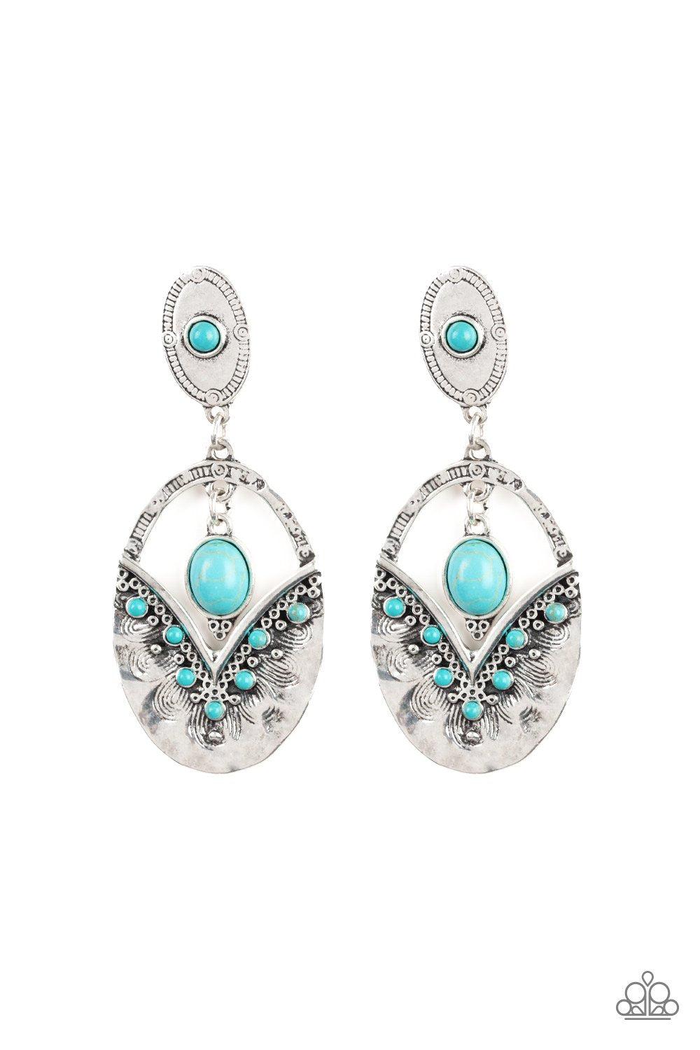 Terra Tribute Turquoise Blue and Silver Earrings - Paparazzi Accessories- on model - CarasShop.com - Paparazzi Jewelry by Cara Jewels