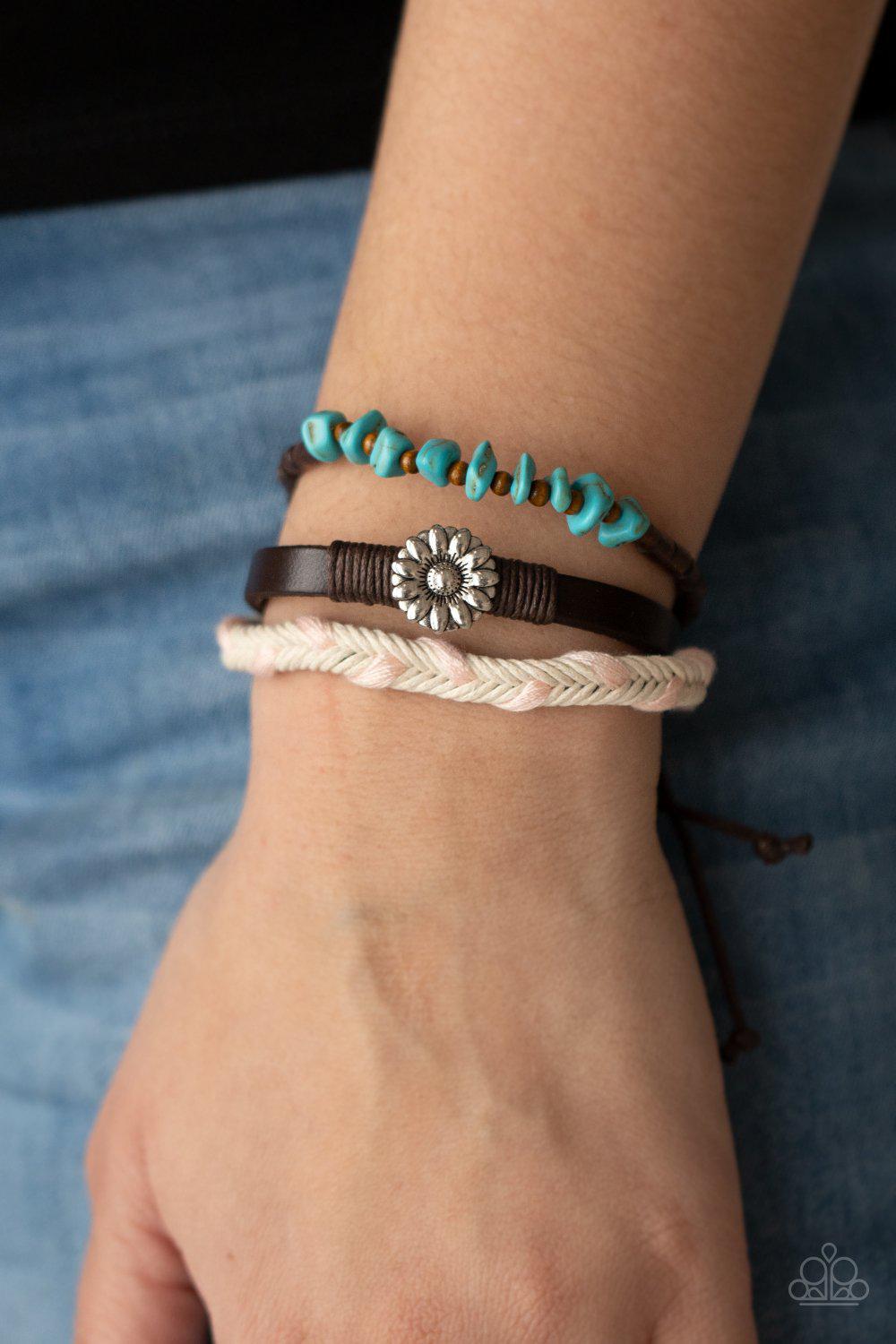 Terrain Trend Pink, Turquoise Blue and Brown Urban Sliding Knot Bracelet - Paparazzi Accessories- lightbox - CarasShop.com - Paparazzi Jewelry by Cara Jewels