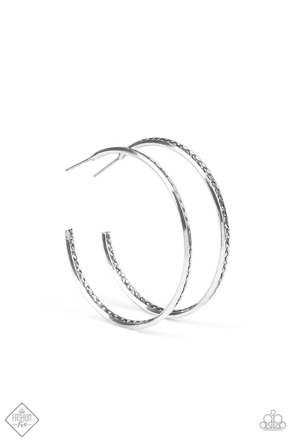 Texture Tempo Silver Hoop Earrings - Paparazzi Accessories- on model - CarasShop.com - Paparazzi Jewelry by Cara Jewels
