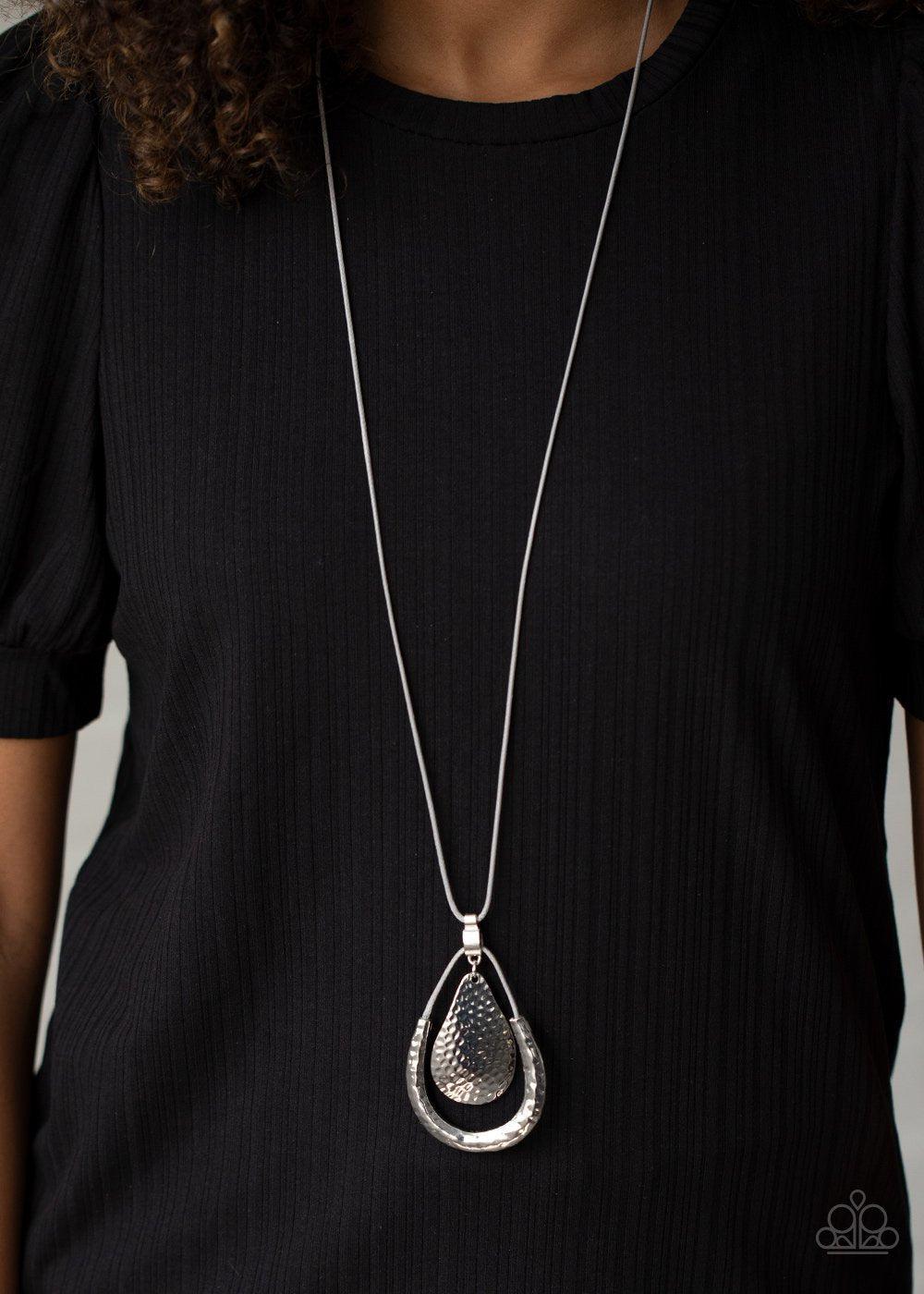 Texture Trekker Silver Urban Necklace - Paparazzi Accessories- on model - CarasShop.com - Paparazzi Jewelry by Cara Jewels