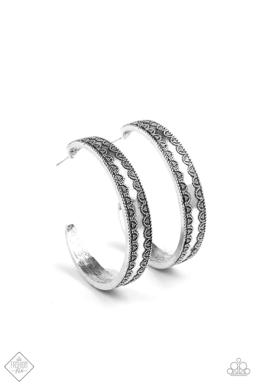 Textured Treasure Silver Hoop Earrings - Paparazzi Accessories- on model - CarasShop.com - Paparazzi Jewelry by Cara Jewels