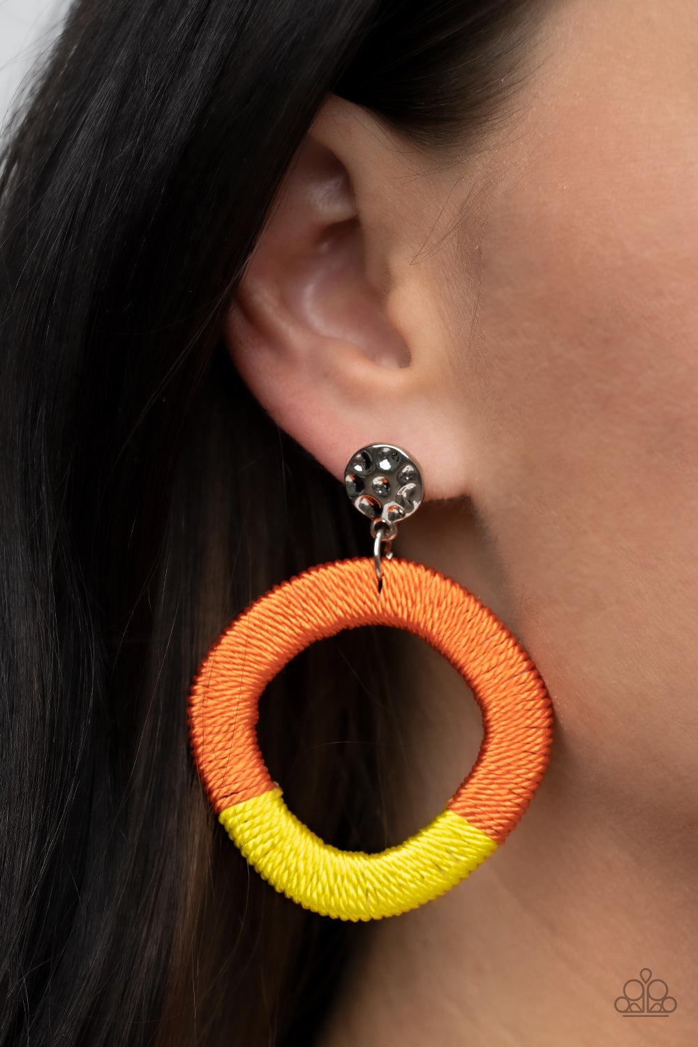Thats a WRAPAROUND Multi Orange & Yellow Earrings - Paparazzi Accessories- on model - CarasShop.com - Paparazzi Jewelry by Cara Jewels