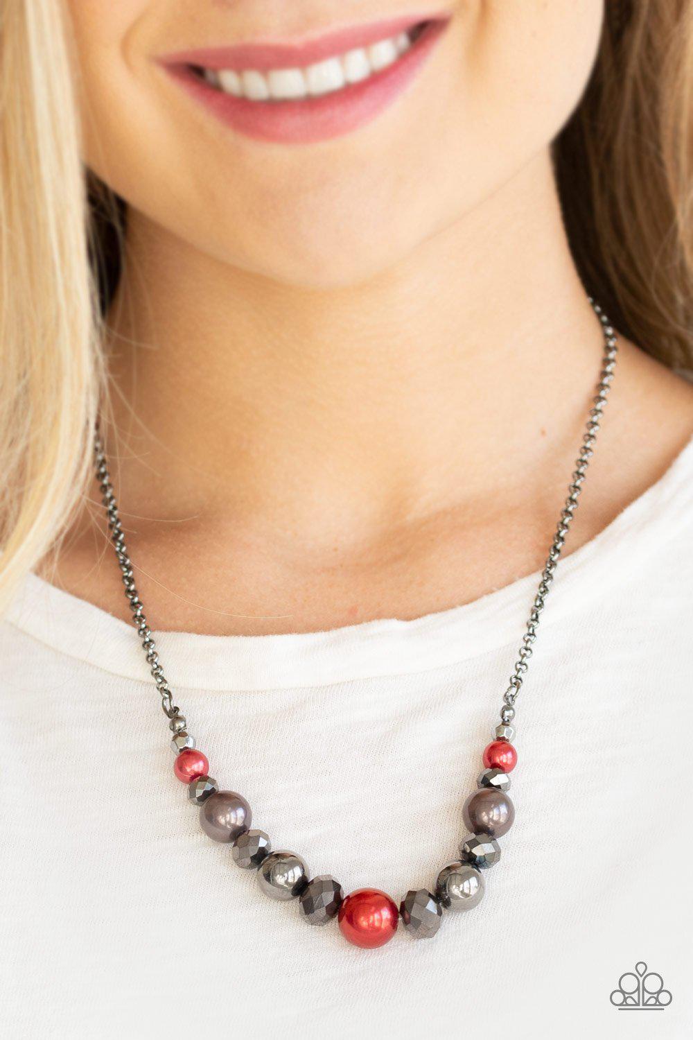 The Big Leaguer Multi - Red, Hematite and Gunmetal Pearl Necklace - Paparazzi Accessories- on model - CarasShop.com - Paparazzi Jewelry by Cara Jewels