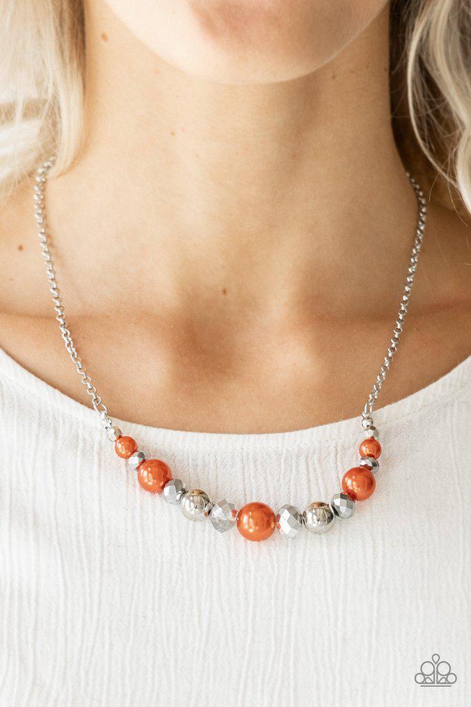 The Big Leaguer Orange and Silver Necklace - Paparazzi Accessories- on model - CarasShop.com - Paparazzi Jewelry by Cara Jewels