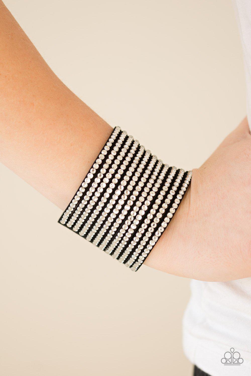 The Boss Is Back Black and White Rhinestone Urban Cuff Wrap Snap Bracelet - Paparazzi Accessories- on model - CarasShop.com - Paparazzi Jewelry by Cara Jewels