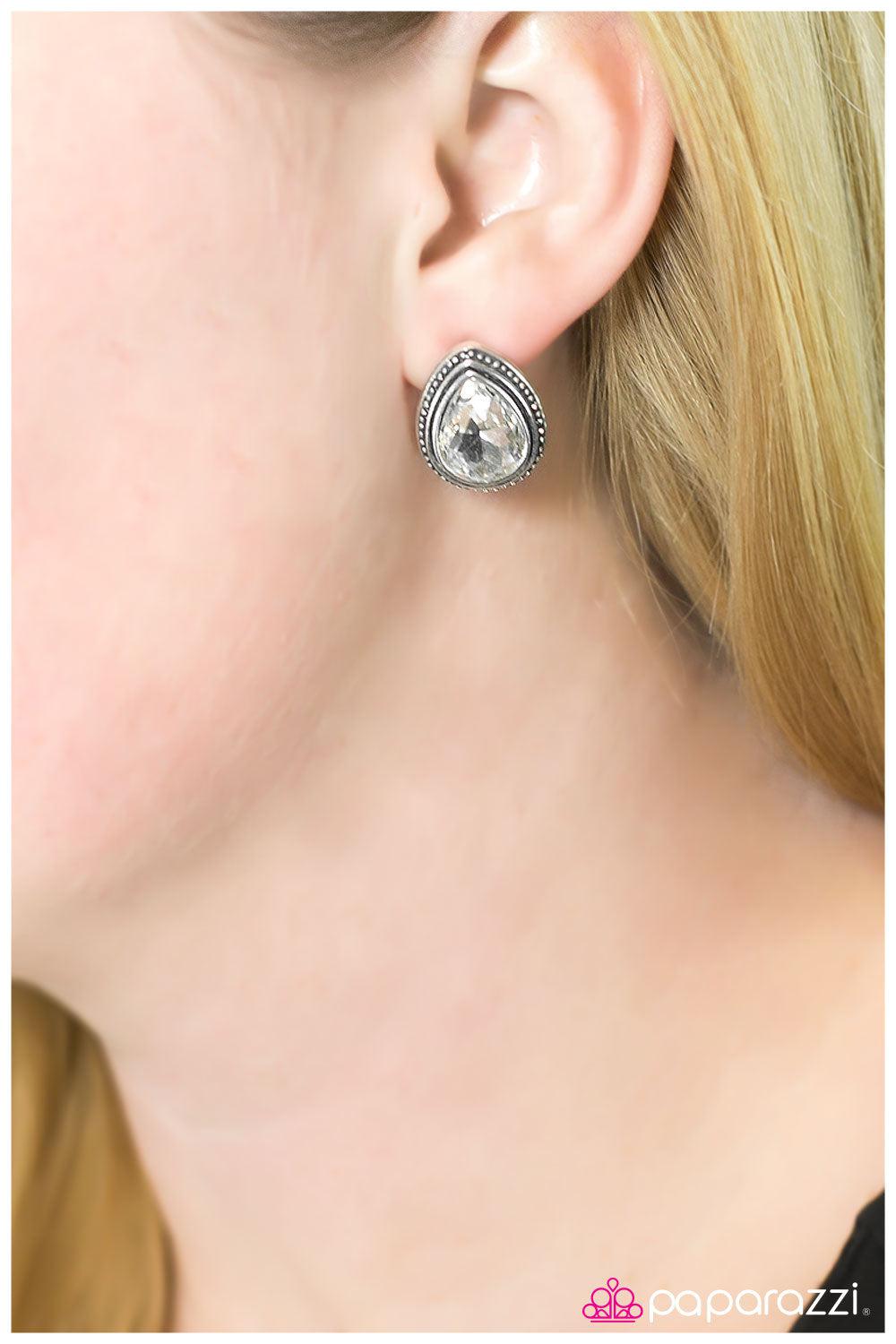 The Deluxe White Earrings - Paparazzi Accessories- on model - CarasShop.com - Paparazzi Jewelry by Cara Jewels