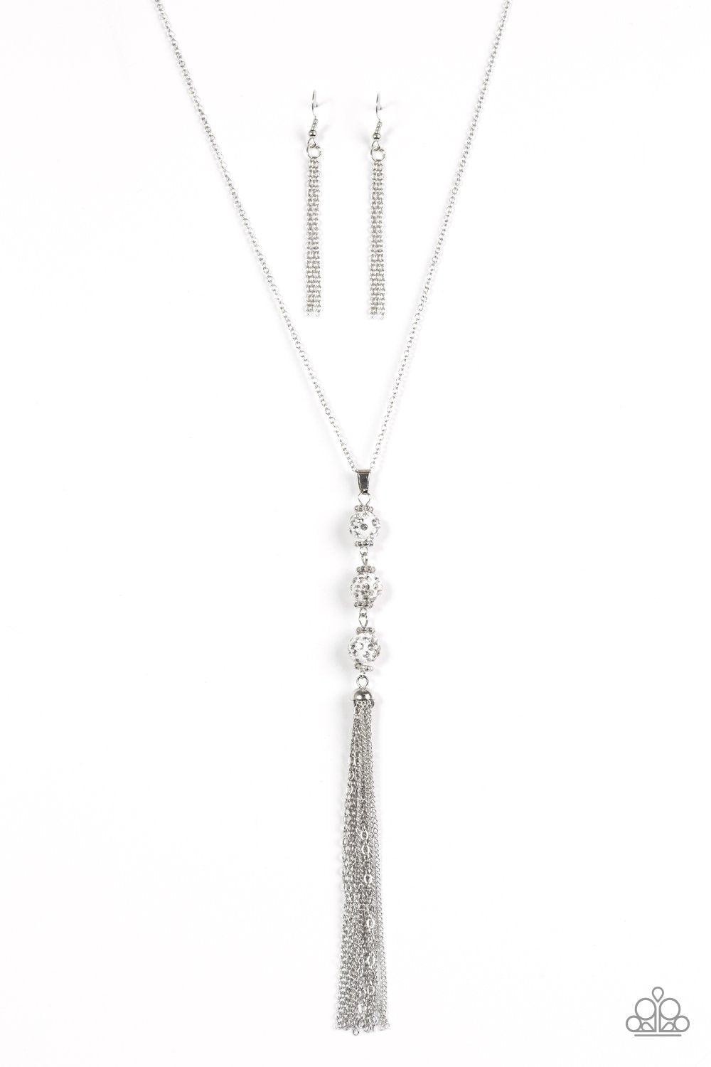 The Diva Wears Prada Silver and White Tassel Necklace - Paparazzi Accessories - free matching earrings -CarasShop.com - Paparazzi Jewelry by Cara Jewels