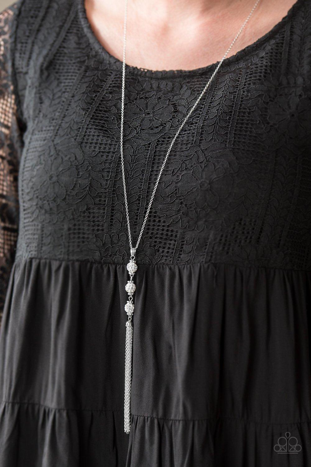 The Diva Wears Prada Silver and White Tassel Necklace - Paparazzi Accessories- lightbox - CarasShop.com - Paparazzi Jewelry by Cara Jewels