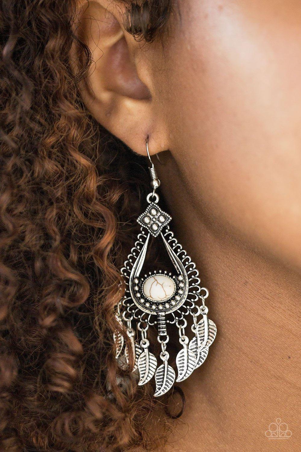 The FLIGHT Of Your Life Silver and White Stone Earrings - Paparazzi Accessories- lightbox - CarasShop.com - Paparazzi Jewelry by Cara Jewels