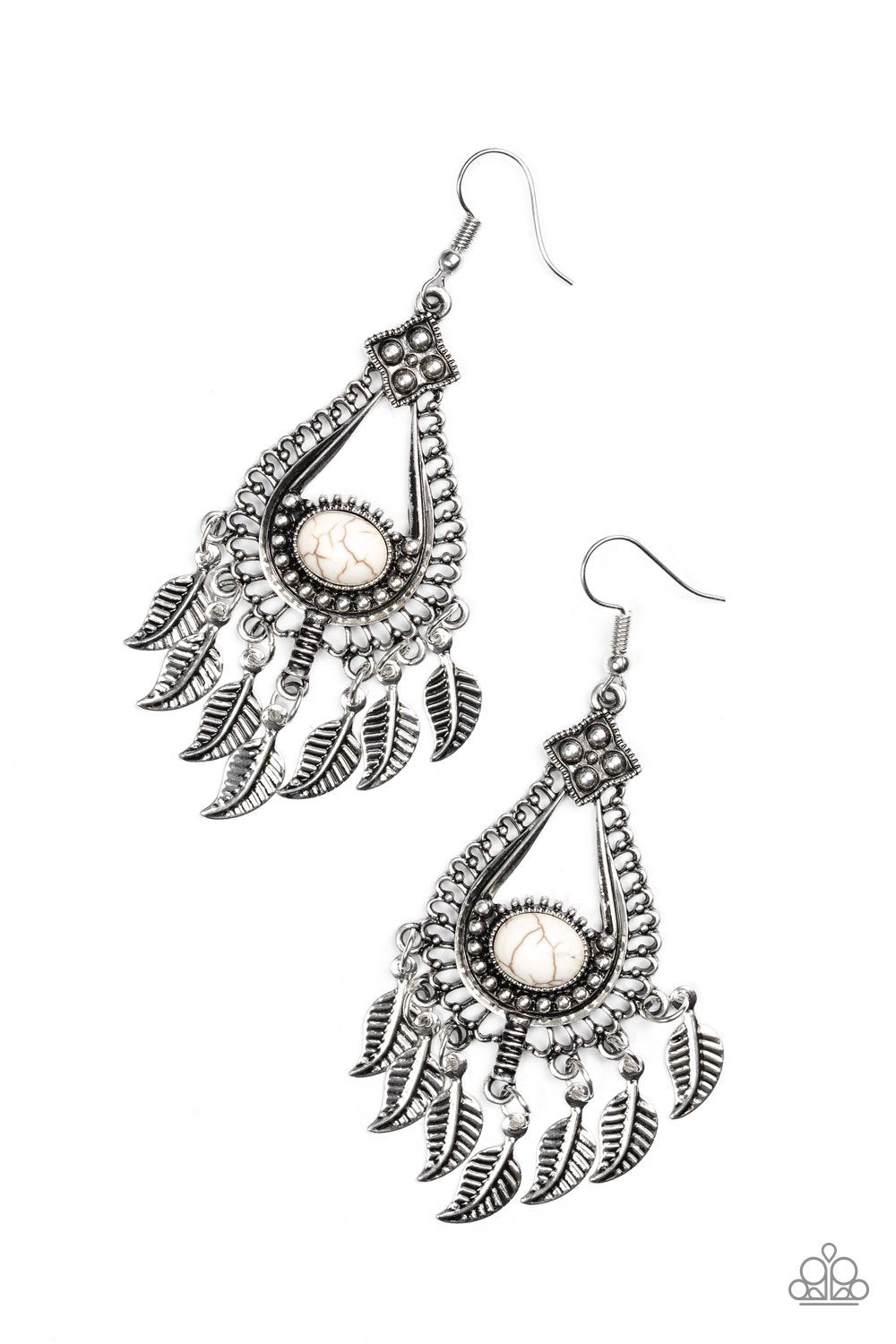 The FLIGHT Of Your Life Silver and White Stone Earrings - Paparazzi Accessories- on model - CarasShop.com - Paparazzi Jewelry by Cara Jewels