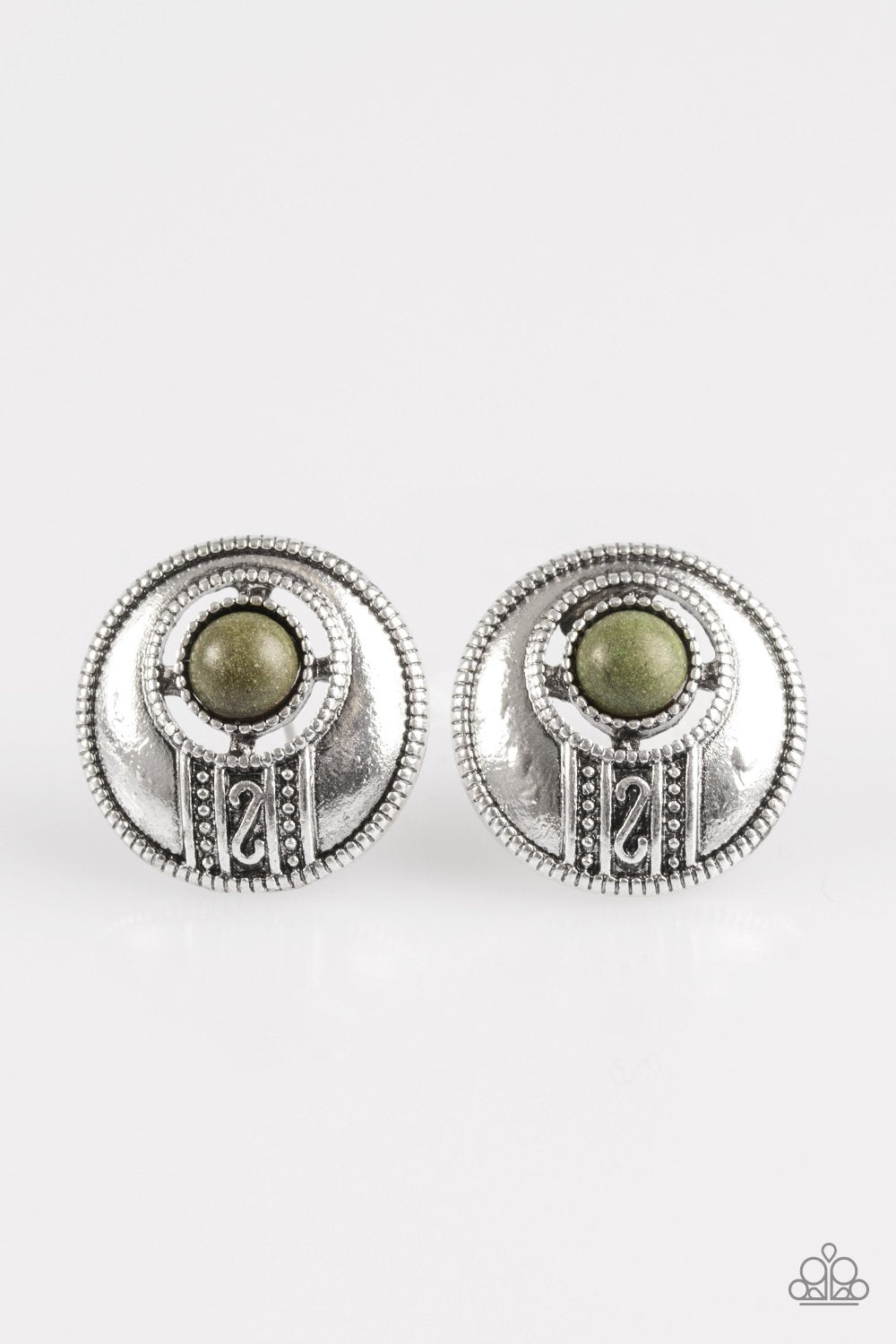 The Four Corners Green Stone Post Earrings - Paparazzi Accessories- lightbox - CarasShop.com - Paparazzi Jewelry by Cara Jewels