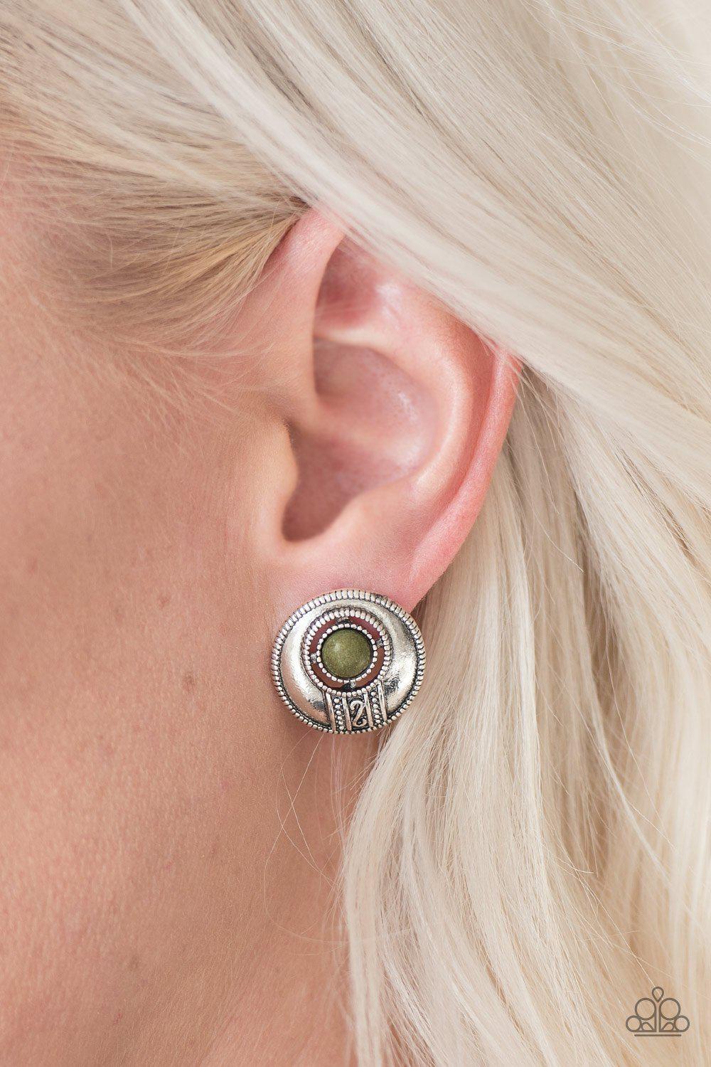 The Four Corners Green Stone Post Earrings - Paparazzi Accessories- on model - CarasShop.com - Paparazzi Jewelry by Cara Jewels