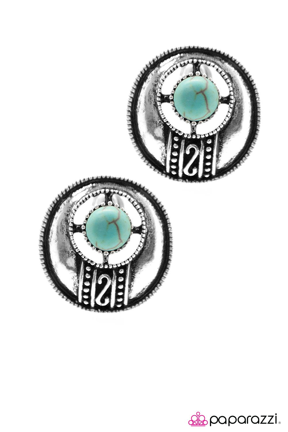 The Four Corners Turquoise Blue Stone Post Earrings - Paparazzi Accessories- on model - CarasShop.com - Paparazzi Jewelry by Cara Jewels