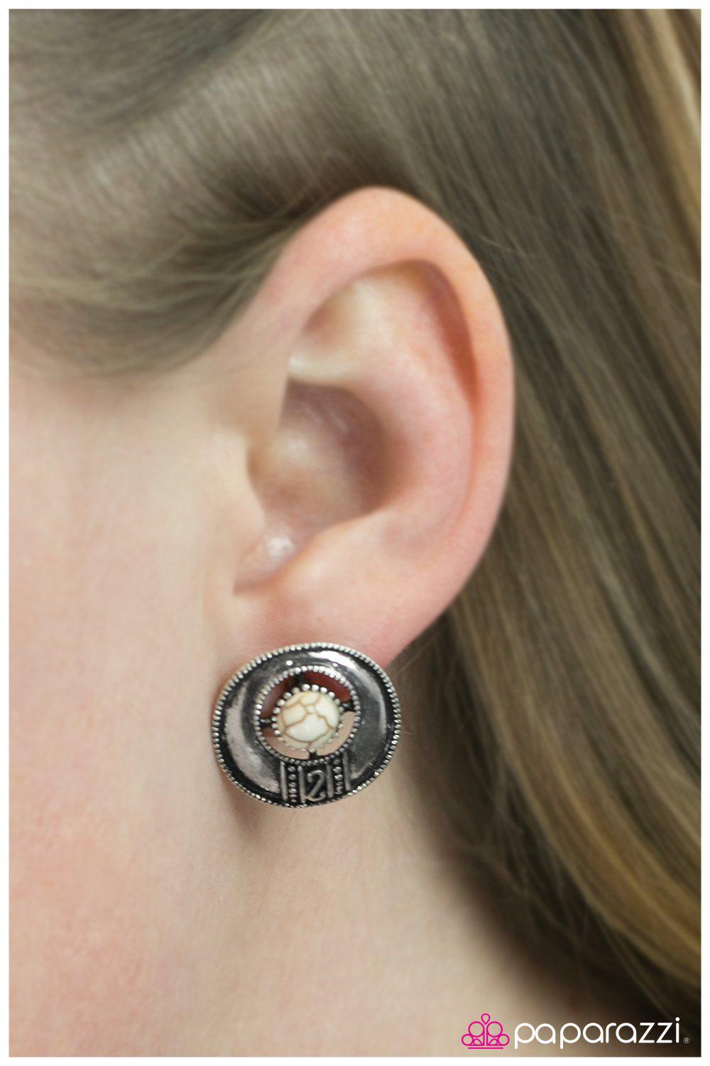 The Four Corners White Stone Post Earrings - Paparazzi Accessories- lightbox - CarasShop.com - Paparazzi Jewelry by Cara Jewels