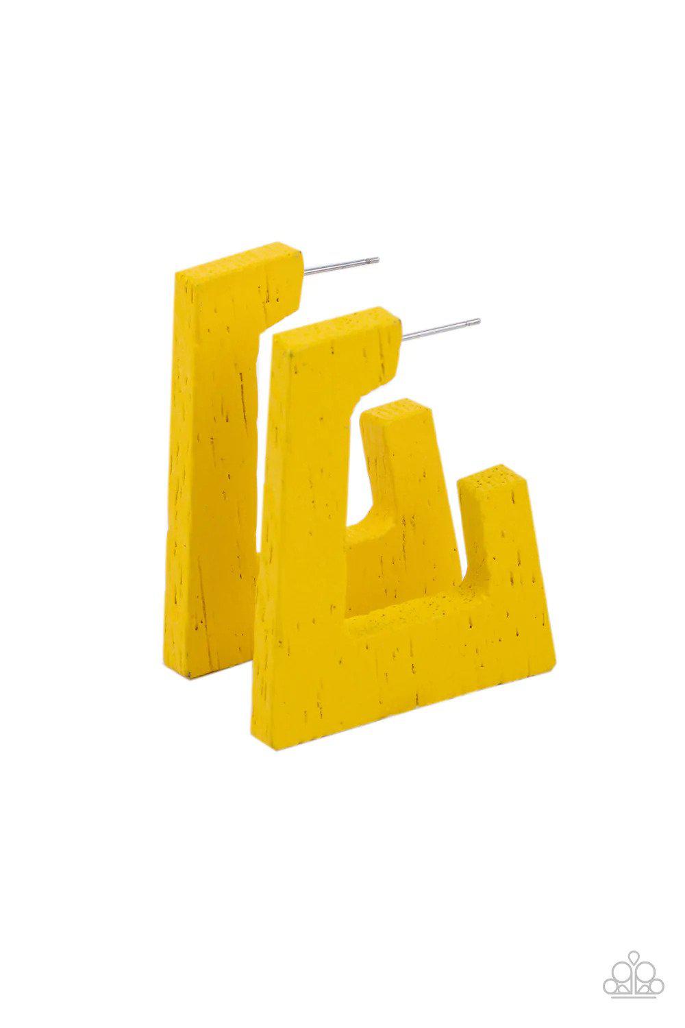 The Girl Next OUTDOOR Yellow Wood Hoop Earrings - Paparazzi Accessories- lightbox - CarasShop.com - Paparazzi Jewelry by Cara Jewels