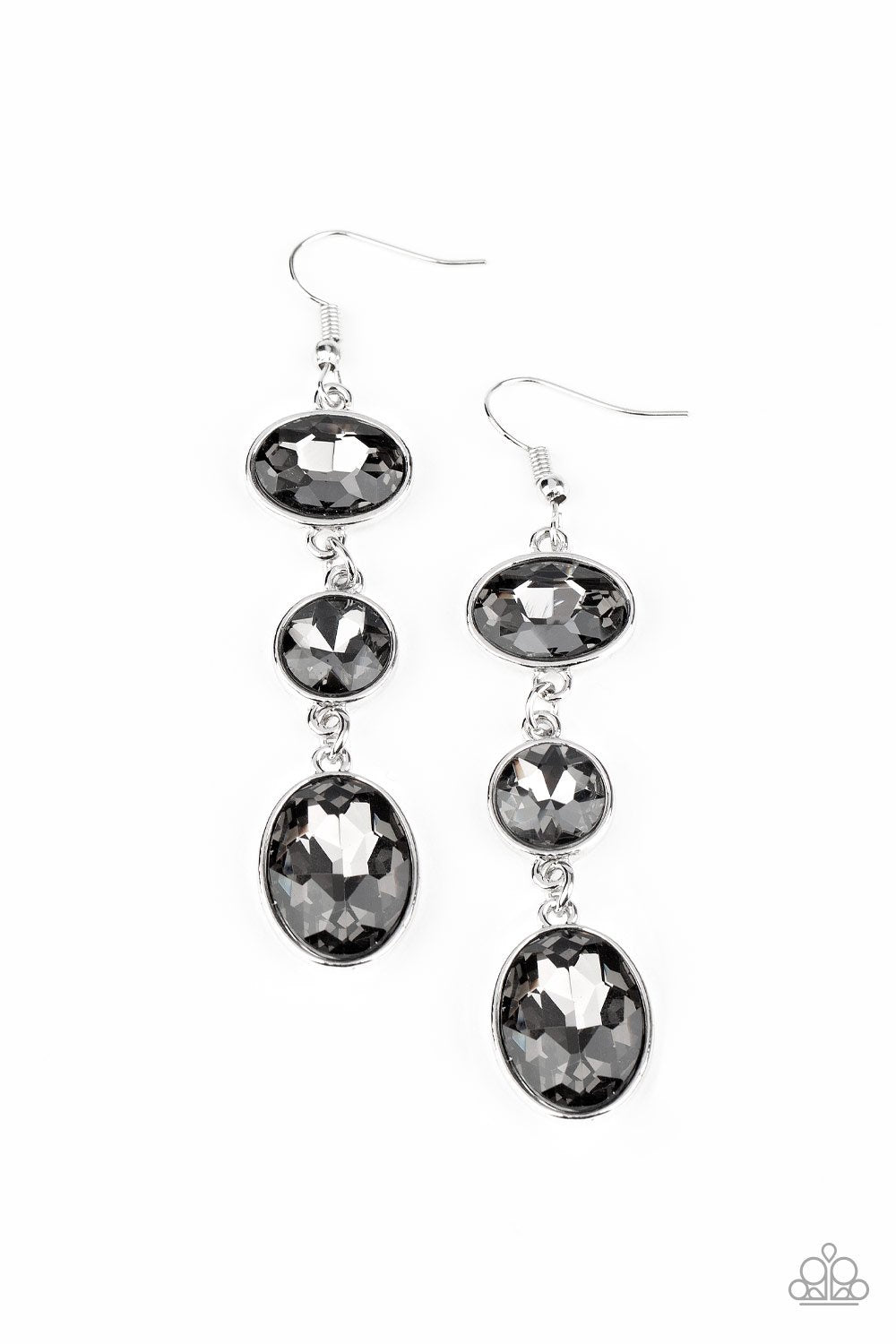 The GLOW Must Go On! Silver Smoky Rhinestone Earrings - Paparazzi Accessories- on model - CarasShop.com - Paparazzi Jewelry by Cara Jewels