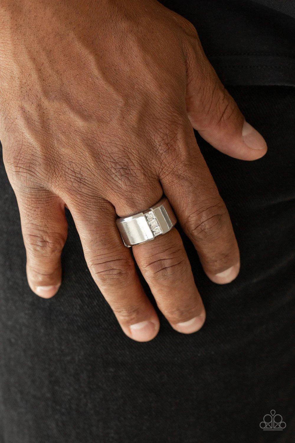 The Graduate Men's White & Silver Ring - Paparazzi Accessories- lightbox - CarasShop.com - Paparazzi Jewelry by Cara Jewels