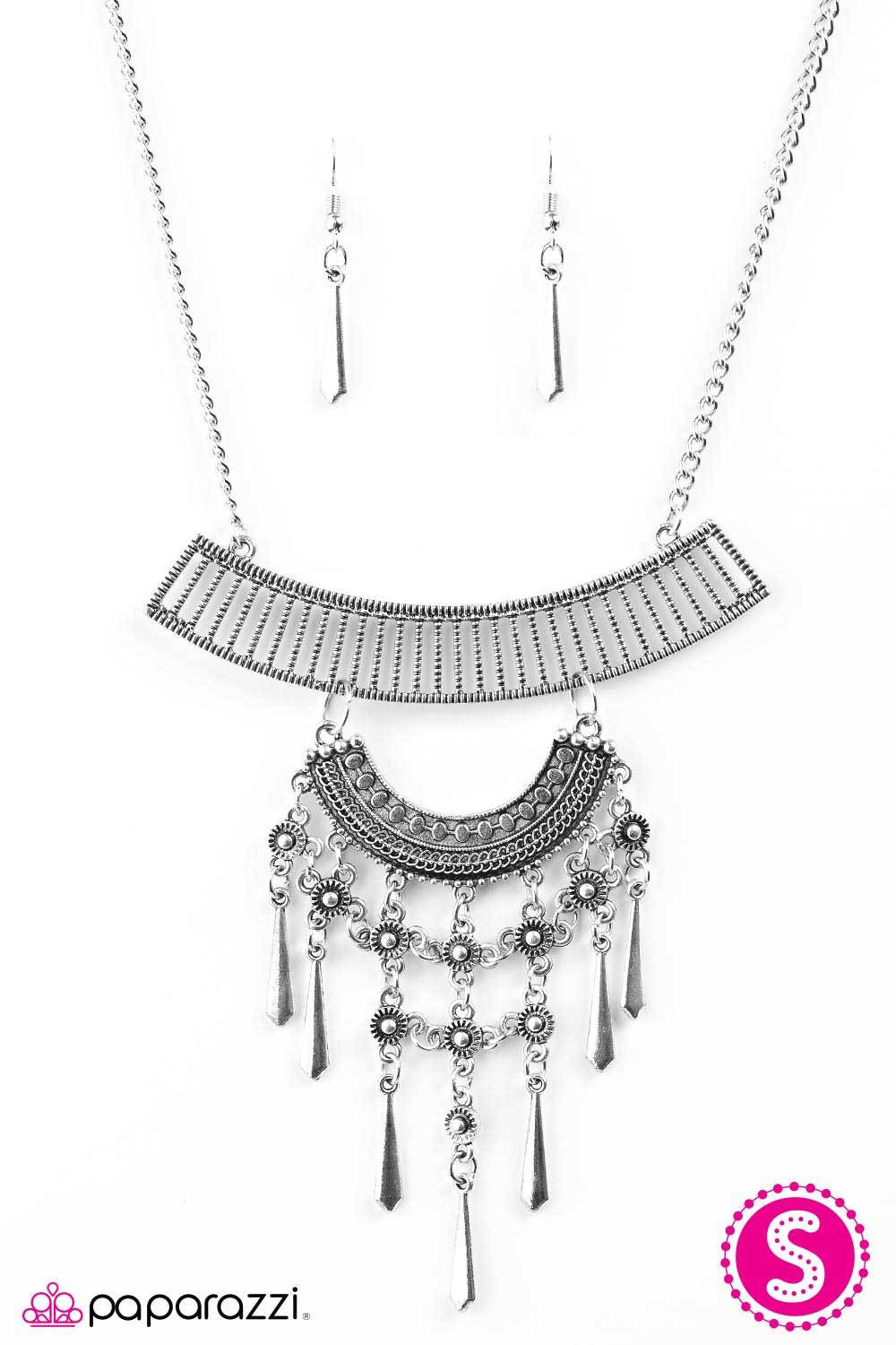 The Grand Geisha Silver Necklace and matching Earrings - Paparazzi Accessories - free matching earrings -CarasShop.com - Paparazzi Jewelry by Cara Jewels