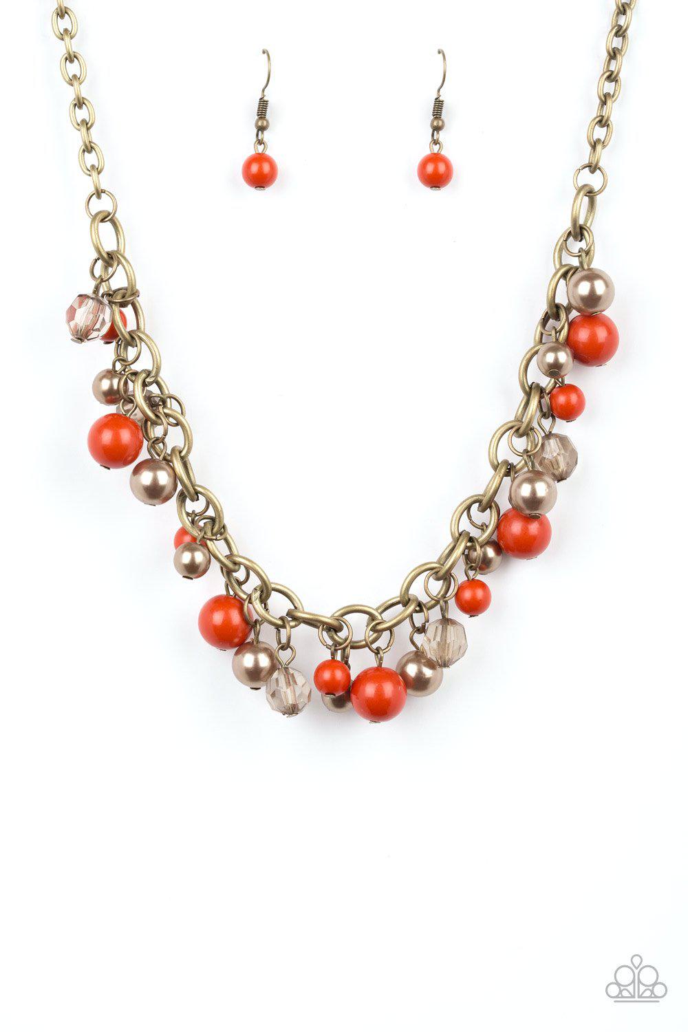 The GRIT Crowd Orange and Brass Necklace - Paparazzi Accessories - free matching earrings -CarasShop.com - Paparazzi Jewelry by Cara Jewels