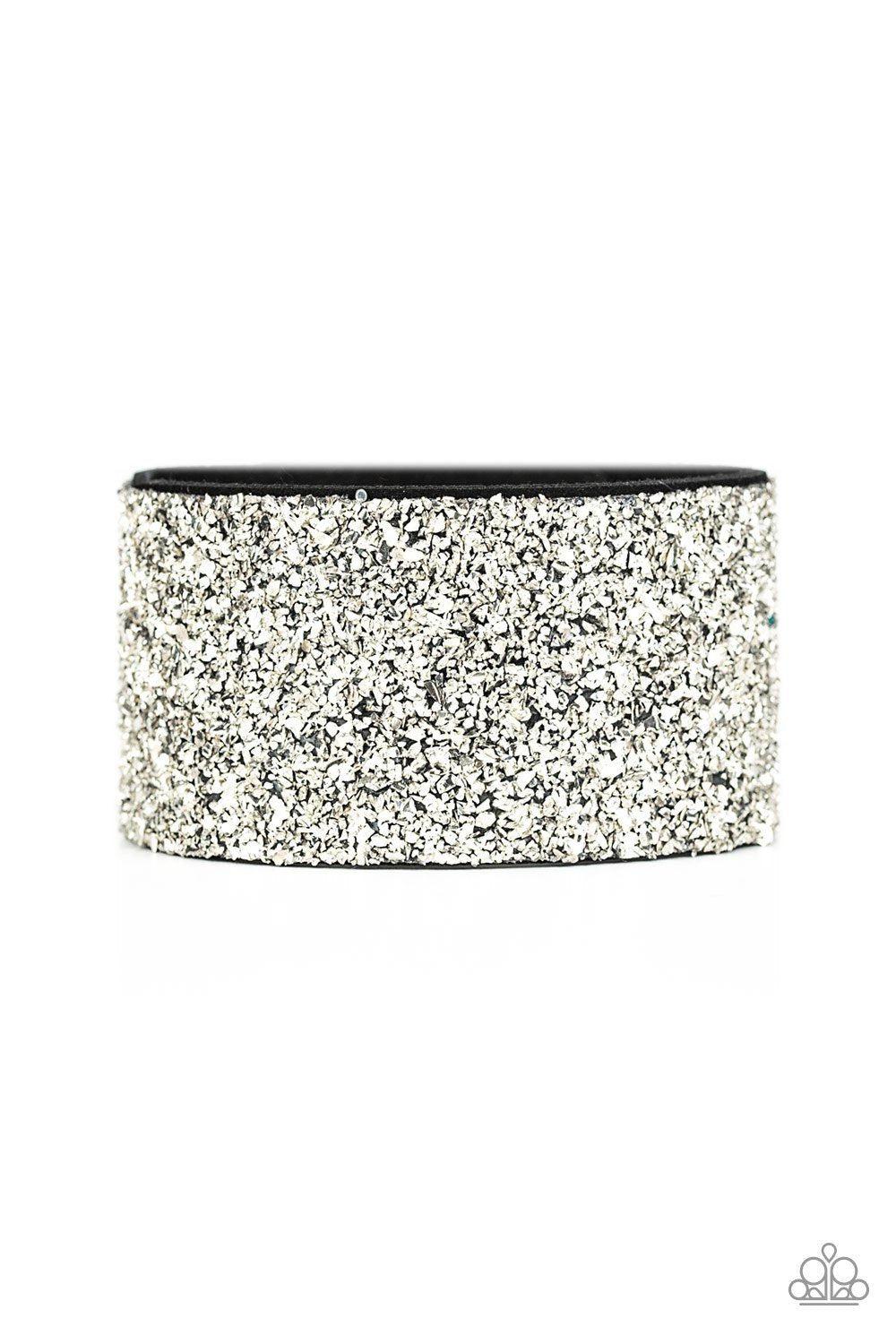 The Halftime Show Black and Crushed Silver Bling Wrap Snap Bracelet - Paparazzi Accessories- lightbox - CarasShop.com - Paparazzi Jewelry by Cara Jewels