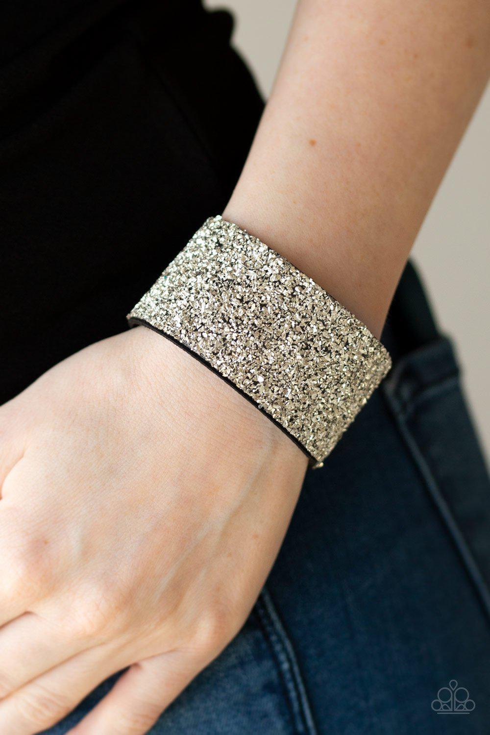 The Halftime Show Black and Crushed Silver Bling Wrap Snap Bracelet - Paparazzi Accessories- on model - CarasShop.com - Paparazzi Jewelry by Cara Jewels