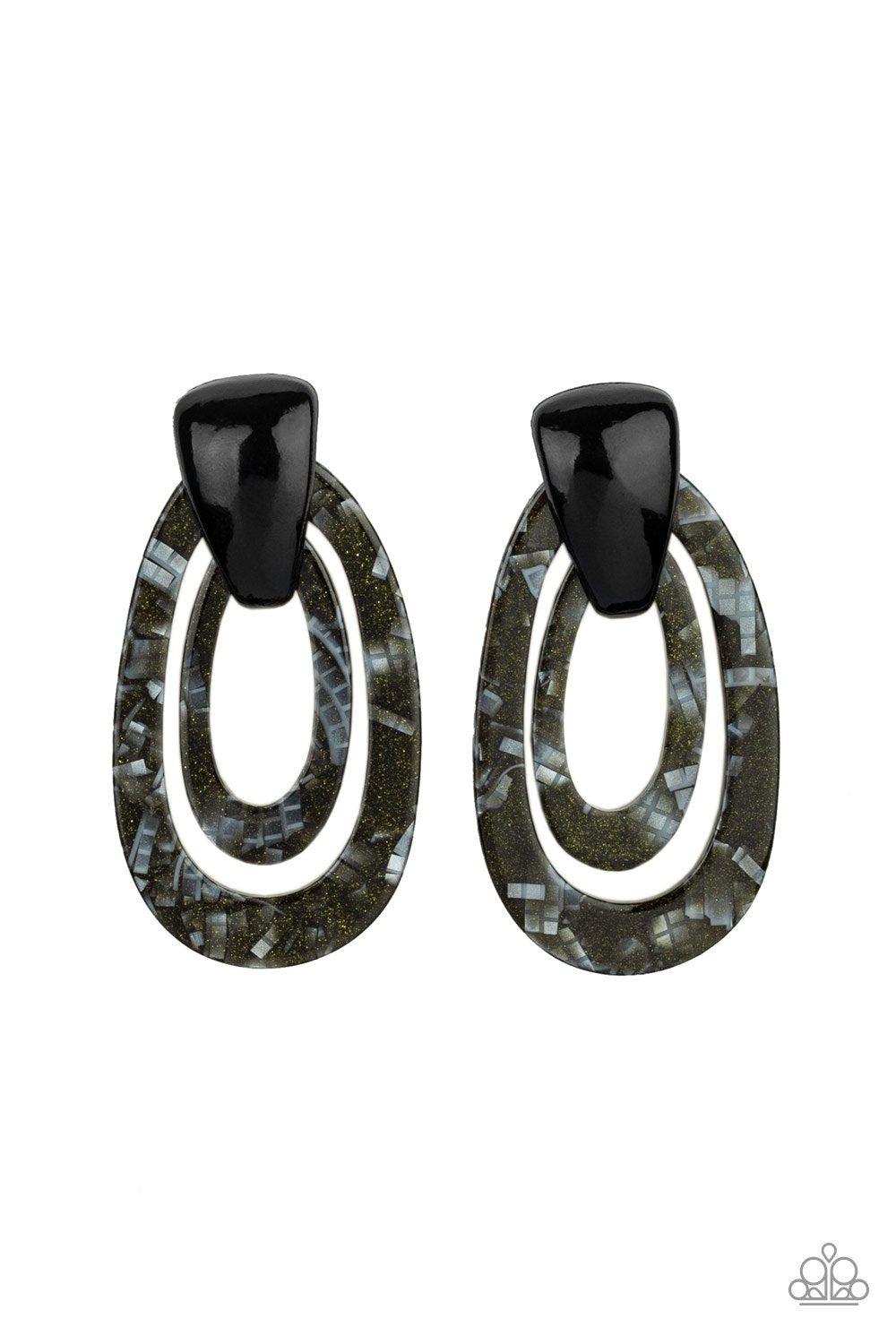 The HAUTE Zone Black Acrylic Earrings - Paparazzi Accessories- on model - CarasShop.com - Paparazzi Jewelry by Cara Jewels