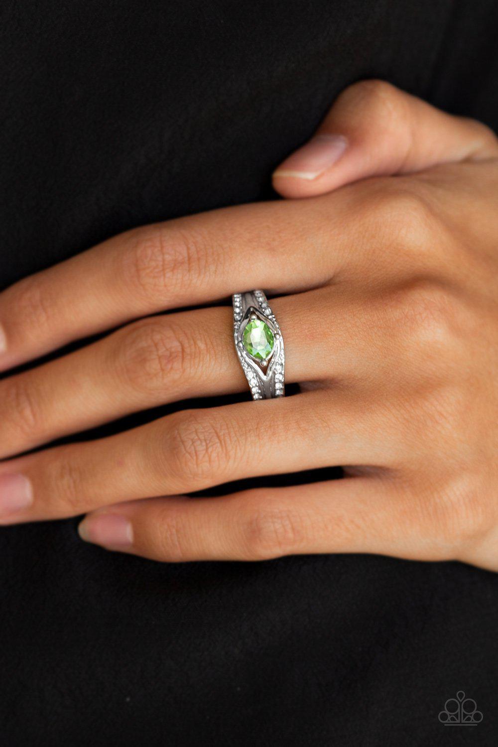The Insider Green and White Rhinestone Ring - Paparazzi Accessories- lightbox - CarasShop.com - Paparazzi Jewelry by Cara Jewels