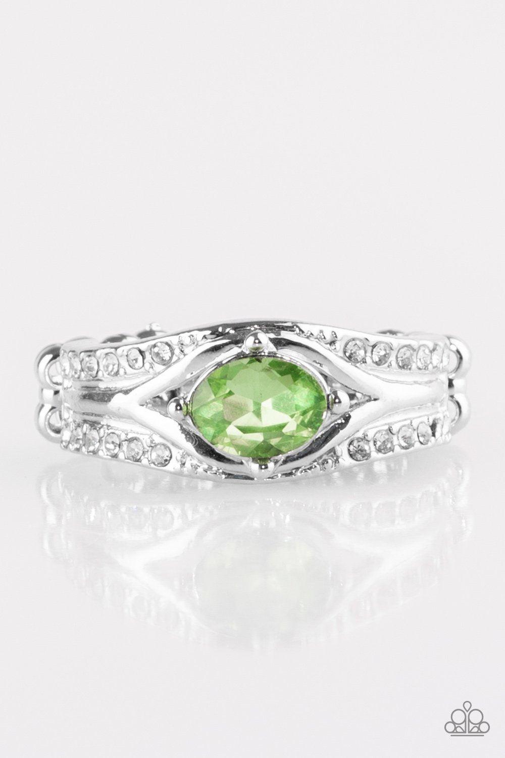 The Insider Green and White Rhinestone Ring - Paparazzi Accessories- on model - CarasShop.com - Paparazzi Jewelry by Cara Jewels