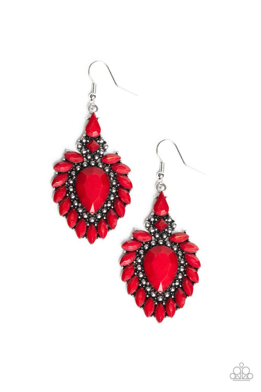 The LIONESS' Den Red Earrings - Paparazzi Accessories- on model - CarasShop.com - Paparazzi Jewelry by Cara Jewels