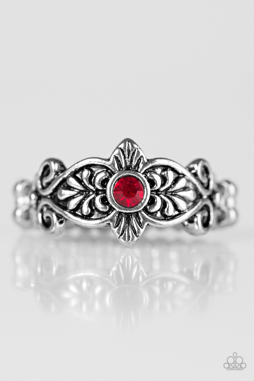 The Little Princess Silver and Red Gem Ring - Paparazzi Accessories- on model - CarasShop.com - Paparazzi Jewelry by Cara Jewels