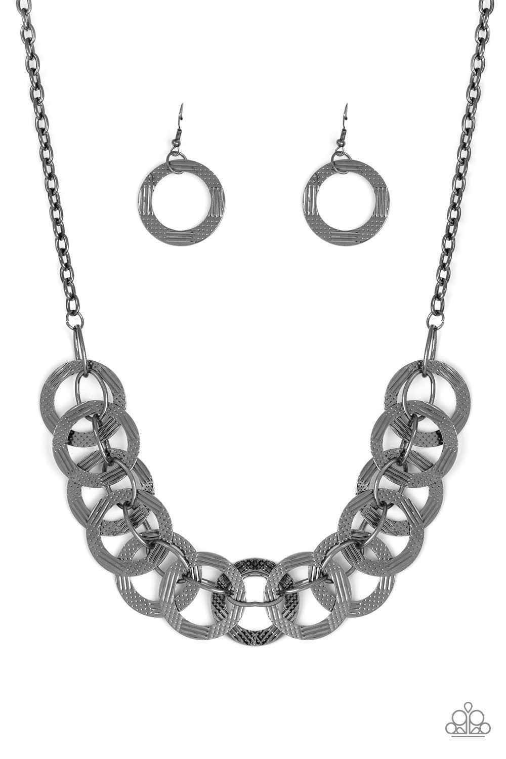 The Main Contender Black Gunmetal Necklace and matching Earrings - Paparazzi Accessories- lightbox - CarasShop.com - Paparazzi Jewelry by Cara Jewels