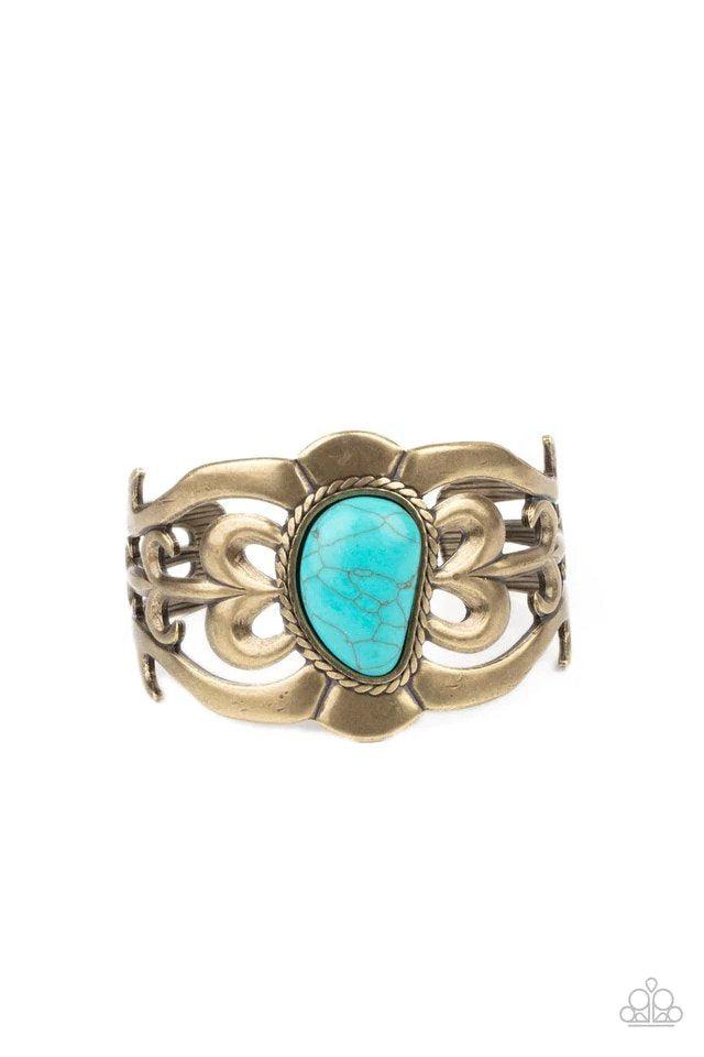 The MESAs Are Calling Brass & Turquoise Stone Cuff Bracelet - Paparazzi Accessories- lightbox - CarasShop.com - Paparazzi Jewelry by Cara Jewels